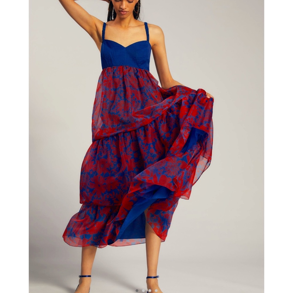 Blue & Red Floral Maxi Dress - Sleeveless Tiered - Geisha/Anthropologie